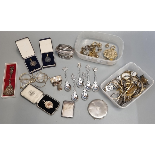 241 - Box of oddments to include: table lighter, gents and other wristwatches, silver engine turned compac... 