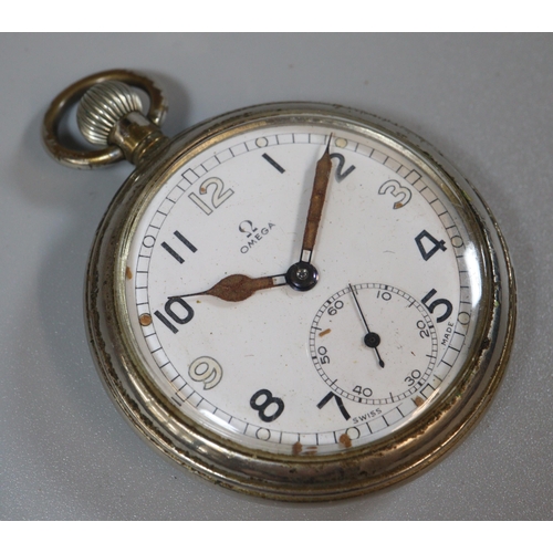 249 - Omega plated metal British Military pocket watch with Arabic face having seconds dial and top wind m... 