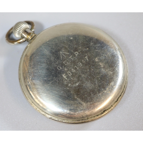 249 - Omega plated metal British Military pocket watch with Arabic face having seconds dial and top wind m... 