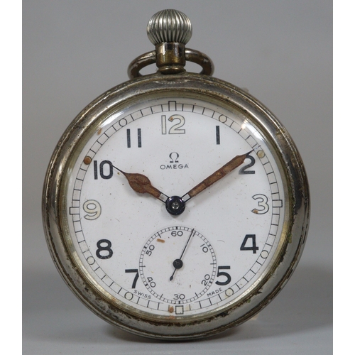 249 - Omega plated metal British Military pocket watch with Arabic face having seconds dial and top wind m... 