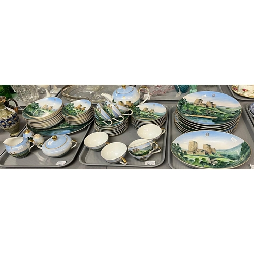 262 - Three trays of Japanese porcelain dinner and tea ware items with landscape of Cilgerran Castle.  Fif... 