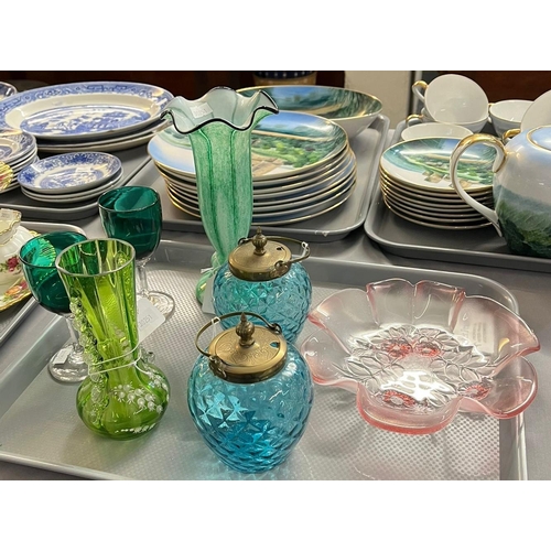 266 - Tray of glassware to include: pair of blue glass and silver plated baluster shaped conserve jars, tr... 