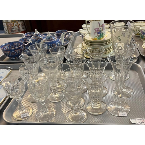 269 - Two trays of 19th century and other drinking glasses to include: rummers, toasting flutes etc.  (2) ... 