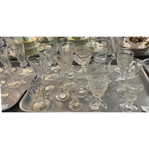 269 - Two trays of 19th century and other drinking glasses to include: rummers, toasting flutes etc.  (2) ... 