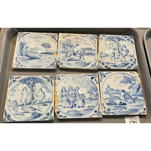 270 - Collection of eleven, probably Dutch Delft, blue and white tiles depicting: figures, horses, landsca... 