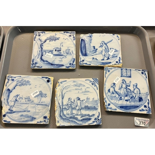 270 - Collection of eleven, probably Dutch Delft, blue and white tiles depicting: figures, horses, landsca... 