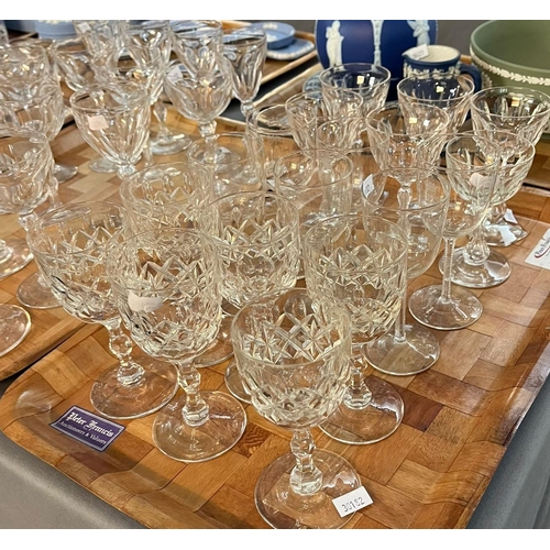 271 - Three trays of assorted drinking glasses: liqueur glasses, penny lick, trumpet form etc.  (3)  (B.P.... 