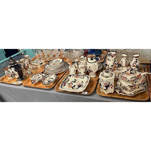 275 - Four trays of Masons Ironstone 'Mandalay' design items to include: pair of candlesticks, mantel cloc... 