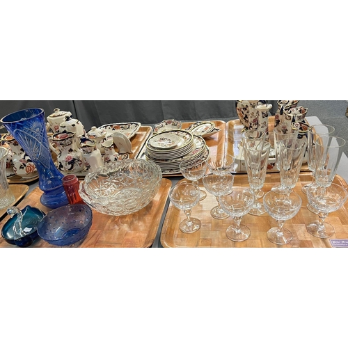 276 - Three trays of glassware to include: set of six champagne flutes, fruit bowls, blue flash cut waiste... 