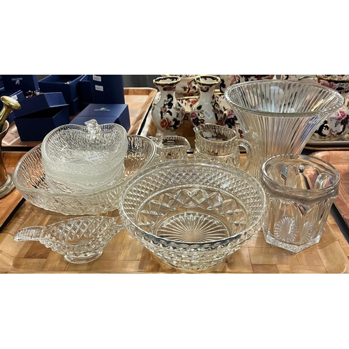 276 - Three trays of glassware to include: set of six champagne flutes, fruit bowls, blue flash cut waiste... 