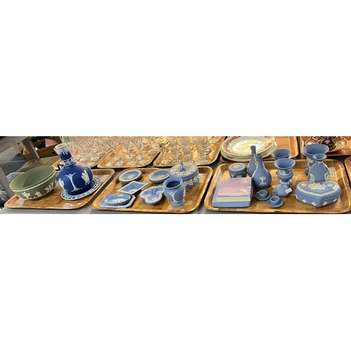 280 - Three trays of Wedgwood 'Jasperware' blue and white design items to include: vases, trinket boxes, b... 