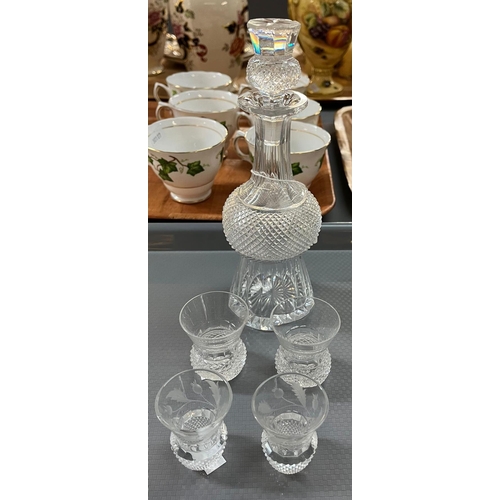 294 - Small thistle design crystal glass decanter with four tot/dram thistle glasses.  (5)   (B.P. 21% + V... 