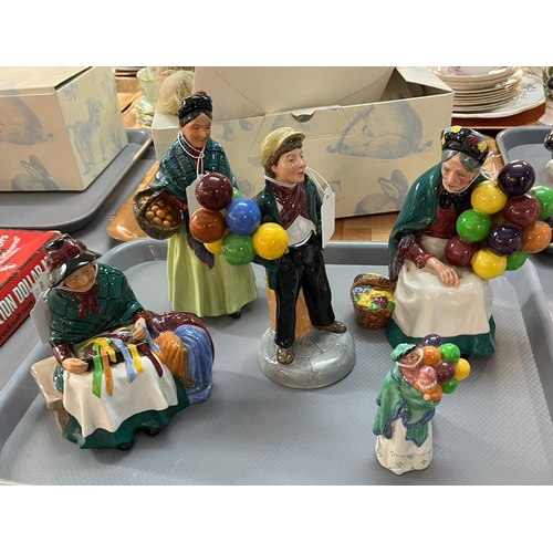 299 - Tray of Royal Doulton bone china figurines to include: 'Silks and Ribbons', 'Balloon Boy', 'The Old ... 