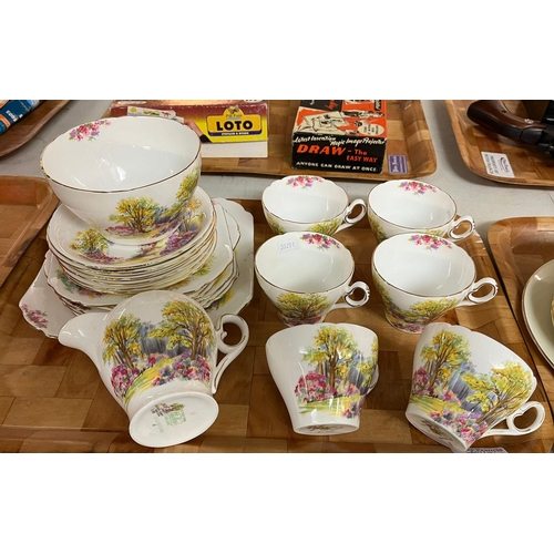 301 - Three trays of bone china tea ware to include: Twenty one piece Shelley 'England's Charm', nineteen ... 