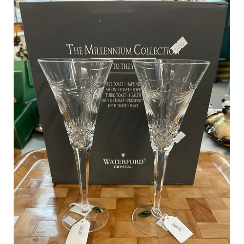 307 - Pair of Waterford Crystal, The Millennium Collection Universal glass toasting flutes, in original bo... 