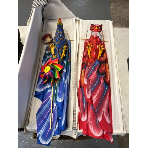 317 - Two handmade wooden framed fabric kites in the form of birds of prey, contained in fabric coloured c... 