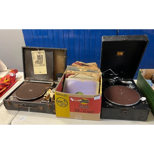 318 - HMV portable gramophone model 99 together with another HMV portable gramophone and a box of assorted... 