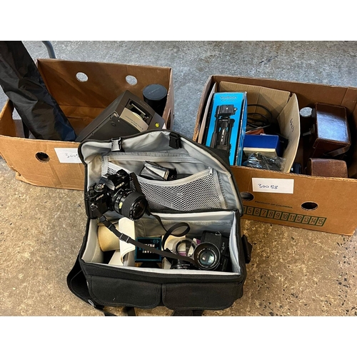 336 - Two boxes of assorted cameras and camera equipment including: folding reprographic camera, more mode... 