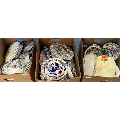 337 - Three boxes of assorted china, plates, dishes etc., 'Indian Tree' pattern, Chintz, floral 'Imari', s... 