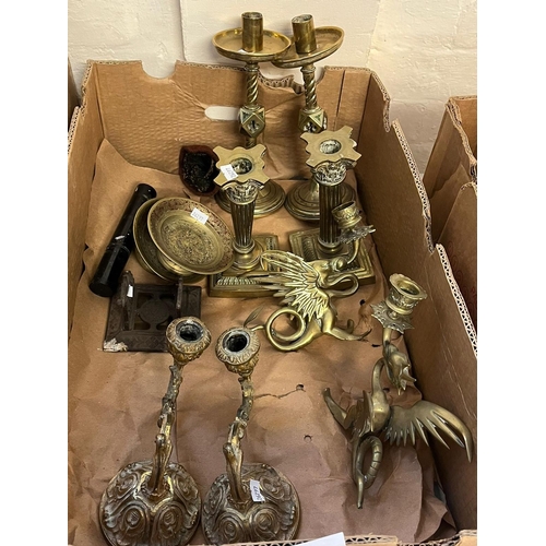 344 - Box of assorted brassware various, to include: candlesticks, dragon shaped candlesticks, wall sconce... 