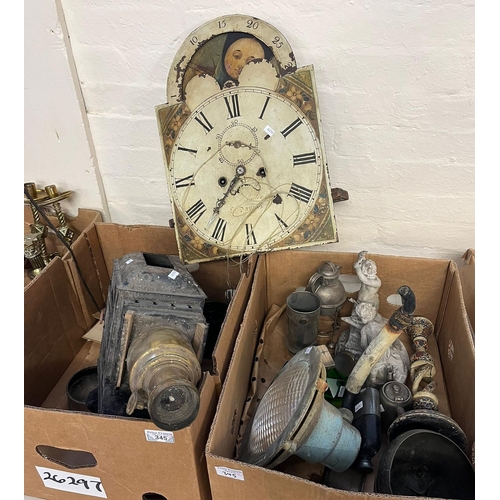 345 - Two boxes of assorted items to include: Welsh eight day clock movement with painted face, having rol... 