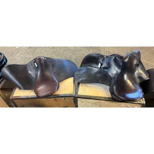 357 - Equestrian - five leather general purpose horse riding saddles.  (B.P. 21% + VAT)