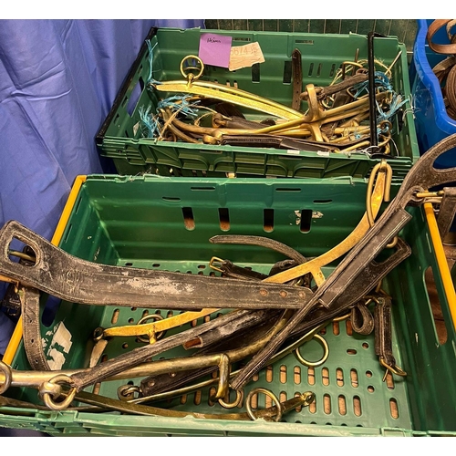 358 - Equestrian - two crates of brass hames, various with some leather straps.  (B.P. 21% + VAT)