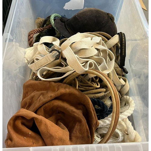 363 - Equestrian - crate of assorted rope halters, leading reins etc. together with a crate of leg bandage... 