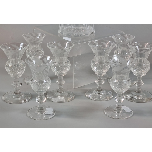 57 - Eight Edinburgh Crystal 'Thistle' design cordial/liqueur glasses, together with a cordial decanter a... 