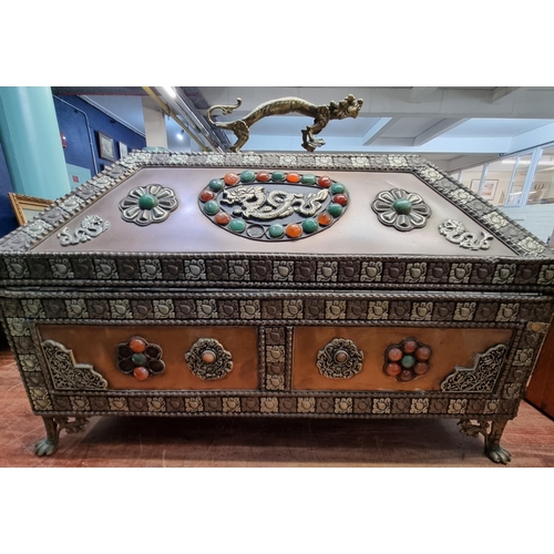 97 - Oriental, possibly Japanese copper casket decorated all over with white metal dragons, medallions an... 