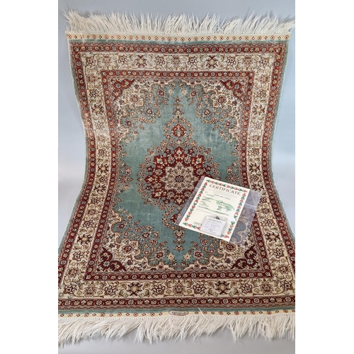 107 - Modern Turkish Hereke silk on silk carpet or runner with COA. 93x63cm approx. (B.P. 21% + VAT)