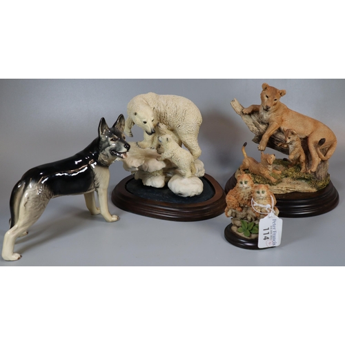 114 - Ceramic study of a German Shepherd dog together with Country Artists sculpture Polar Bear and Cub, L... 