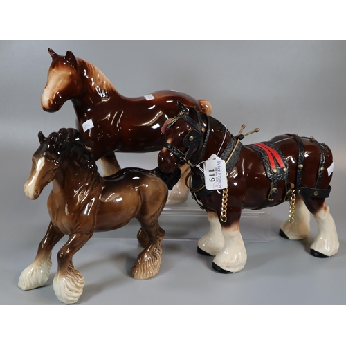 119 - Beswick Shire Horse together with two other ceramic Shire Horses.  (3)  (B.P. 21% + VAT)