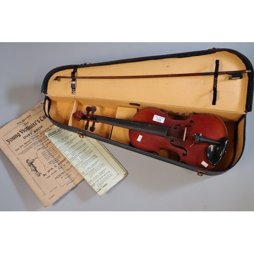 125 - 20th century student violin with one piece back, bearing the label for Stradivarius with bow and cas... 