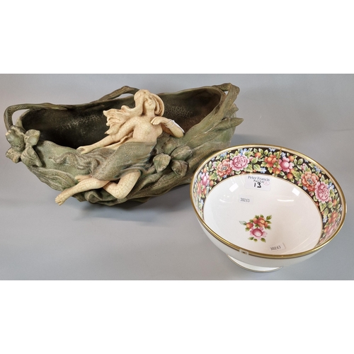 13 - Wedgwood bone china 'Clio' pedestal bowl together with an Art Nouveau continental pottery bowl of or... 