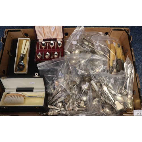 141 - Collection of silver plated flatware together with some cased sets of spoons, vanity hairbrush etc. ... 