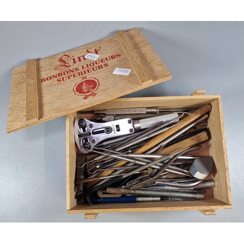 151 - Wooden box comprising a collection of vintage and other watch repairer's tools.  (B.P. 21% + VAT)