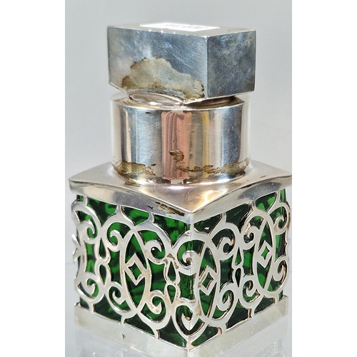 159 - Late Victorian green glass and silver overlay scent bottle of square form by James Deakin & Sons, Ch... 