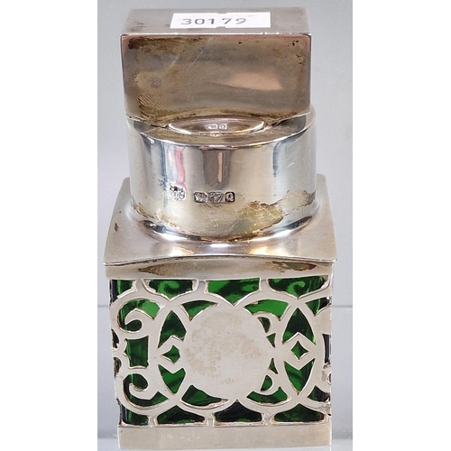 159 - Late Victorian green glass and silver overlay scent bottle of square form by James Deakin & Sons, Ch... 