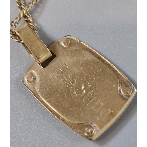 176 - 10ct gold curb link chain with one personalised pendant and the other marked 'Bee Sting'. Total weig... 