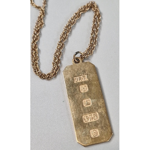 181 - 9ct gold ingot pendant on a 9ct gold fine link chain. 7.7g approx. (B.P. 21% + VAT)