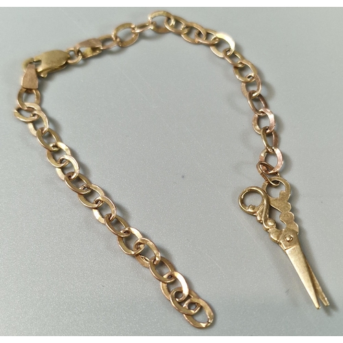 183 - 9ct gold bracelet with scissors charm. 2.7g approx. (B.P. 21% + VAT)