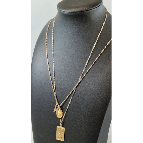 184 - 9ct gold Saint Christopher pendant on chain, together with another 9ct gold chain with initial 'K' c... 