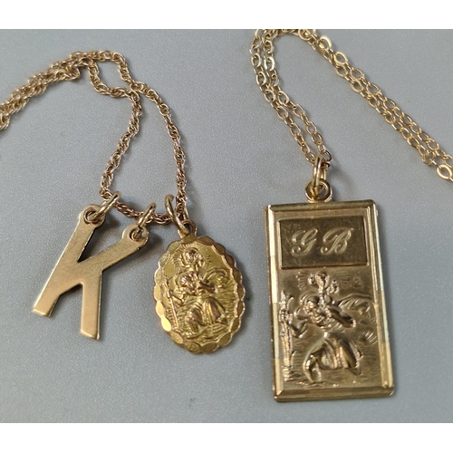 184 - 9ct gold Saint Christopher pendant on chain, together with another 9ct gold chain with initial 'K' c... 