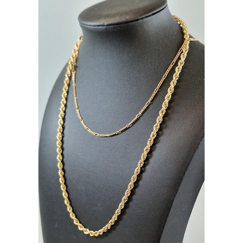 185 - 9ct gold rope twist chain, 47cm long approx. together with another 9ct gold chain, 50cm long approx.... 