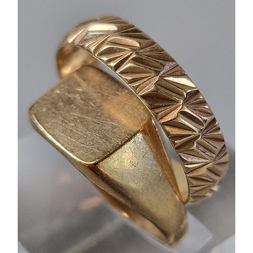 187 - 9ct gold signet ring, size N, 3.2g approx. together with a 9ct gold engraved band. Size P1/2.  2.4g ... 