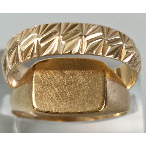 187 - 9ct gold signet ring, size N, 3.2g approx. together with a 9ct gold engraved band. Size P1/2.  2.4g ... 