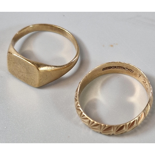 187 - 9ct gold signet ring, size N, 3.2g approx. together with a 9ct gold engraved band. Size P1/2.  2.4g ... 