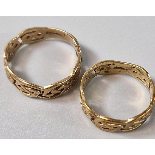 189 - Two similar 9ct gold Celtic design rings. 3.6g approx. Ring size M and I (B.P. 21% + VAT)