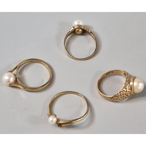 190 - Four 9ct gold and pearl dress rings. Total weight 8.9g approx. (B.P. 21% + VAT)